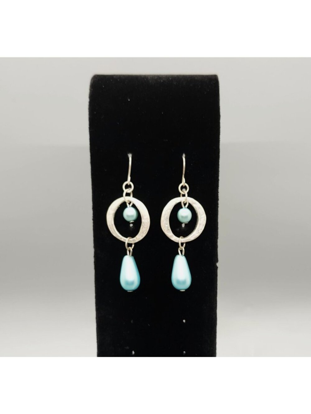 Textured Silver Tone Aqua Faux Pearl Dangle Drop Earrings 5.5cm Length Boho
